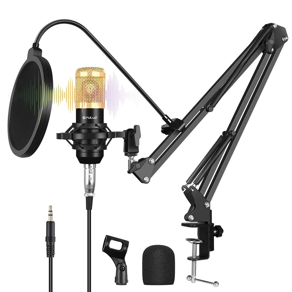 PULUZ PU612B Professional Studio Condenser Microphone USB Sound Card Set with Folding Arm Stand/Shock Mount for Live Streaming Recording Songs - 1