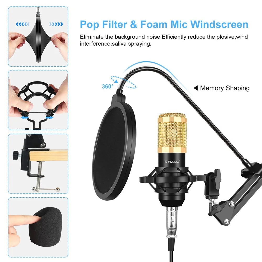PULUZ PU612B Professional Studio Condenser Microphone USB Sound Card Set with Folding Arm Stand/Shock Mount for Live Streaming Recording Songs - 2