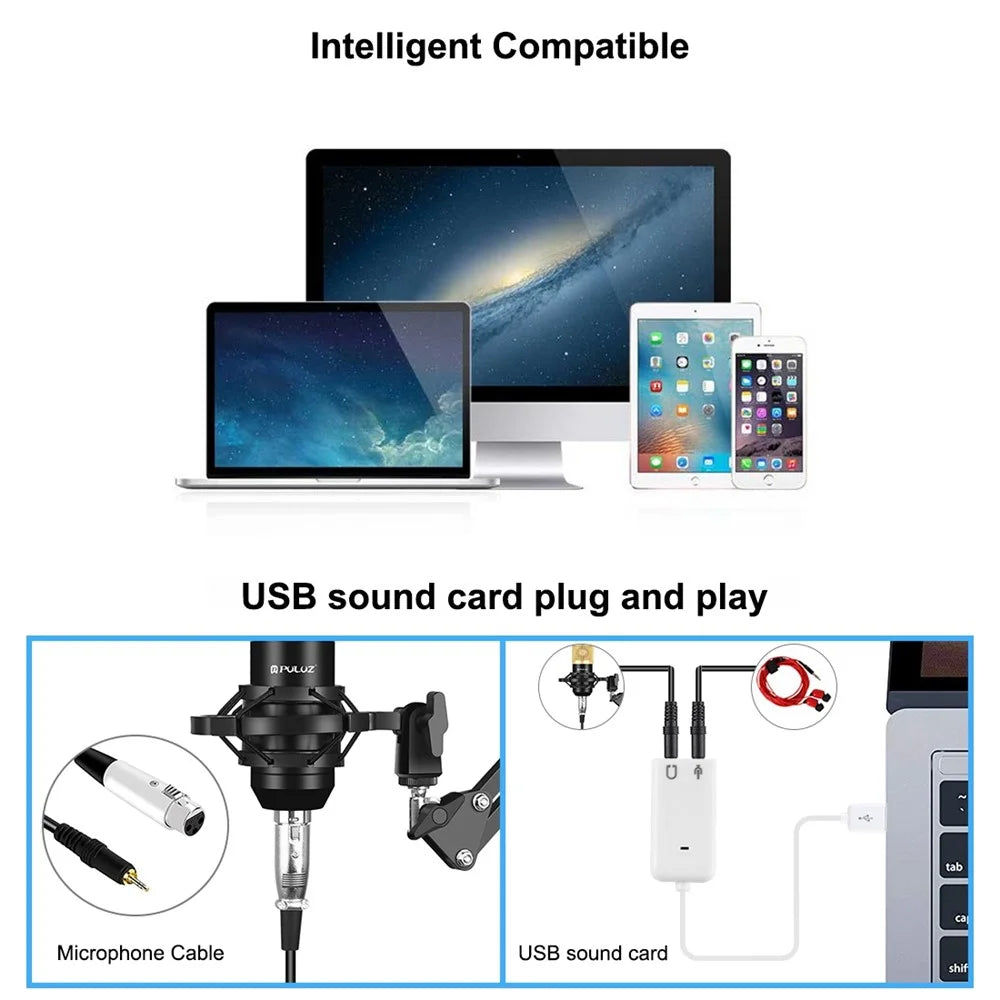 PULUZ PU612B Professional Studio Condenser Microphone USB Sound Card Set with Folding Arm Stand/Shock Mount for Live Streaming Recording Songs - 5