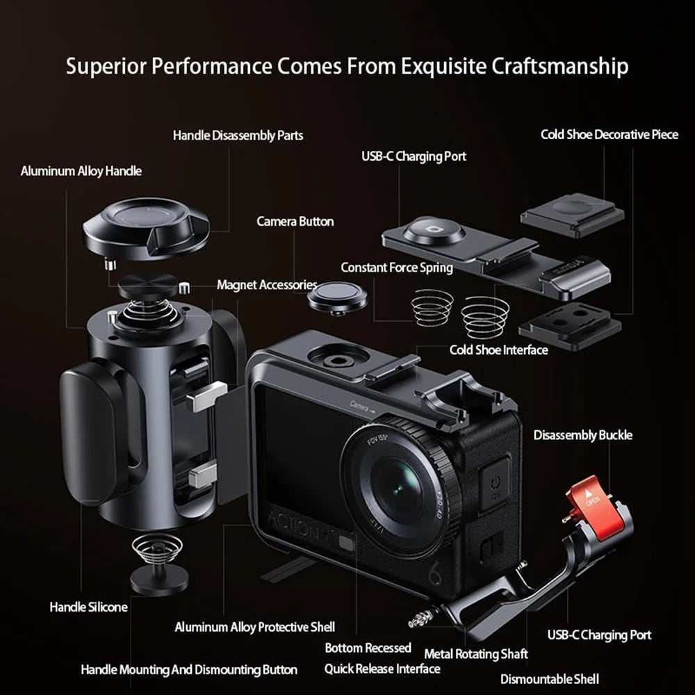 DJ-6 Detachable Magnetic Camera Cage Frame Case for DJI Osmo Action 6 Lightweight Aluminum Camera Protective Frame for Travel Outdoor Photography - Black - 6