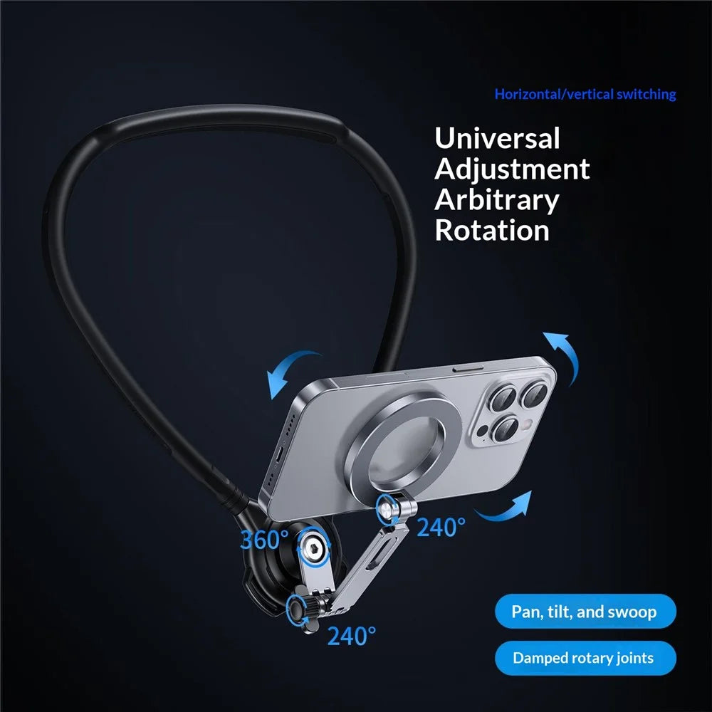 G03 Magnetic Neck Stand First Person POV Shooting Phone Holder Anti-Shake 360 Degree Rotation Wearable Neck Mount for 4-6.5 inch Smartphones - Black - 6