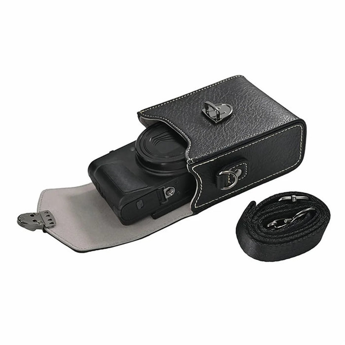 Universal Vintage Litchi Pattern Camera Bag PU Leather Protective Case with Shoulder Strap for Small Digital Cameras - Black - 4