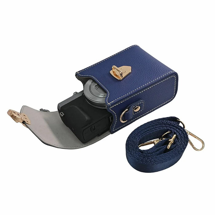 Universal Camera Bag PU Leather Lychee Texture Flip Lock Cover Protective Case with Adjustable Strap for Small Digital Cameras - Dark Blue - 2