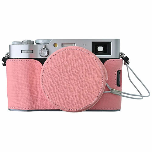 Leather Camera Bottom Case for Fujifilm X100VI Palm Textured Grip Alloy Base with Lens Cap Protective Half Body Cover Set - Pink - 1