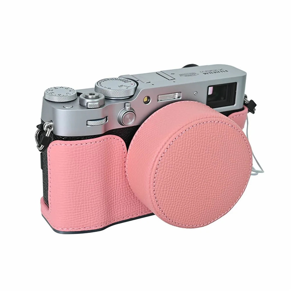 Leather Camera Bottom Case for Fujifilm X100VI Palm Textured Grip Alloy Base with Lens Cap Protective Half Body Cover Set - Pink - 2