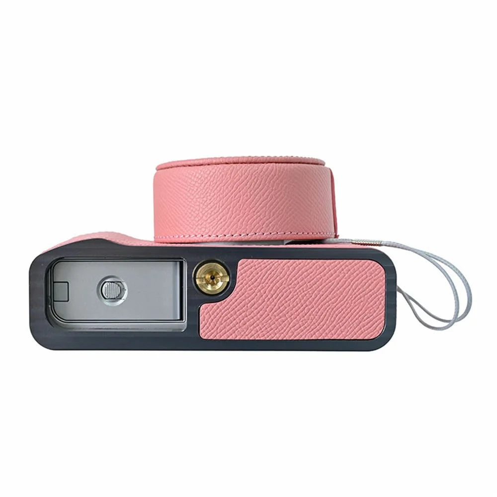 Leather Camera Bottom Case for Fujifilm X100VI Palm Textured Grip Alloy Base with Lens Cap Protective Half Body Cover Set - Pink - 3