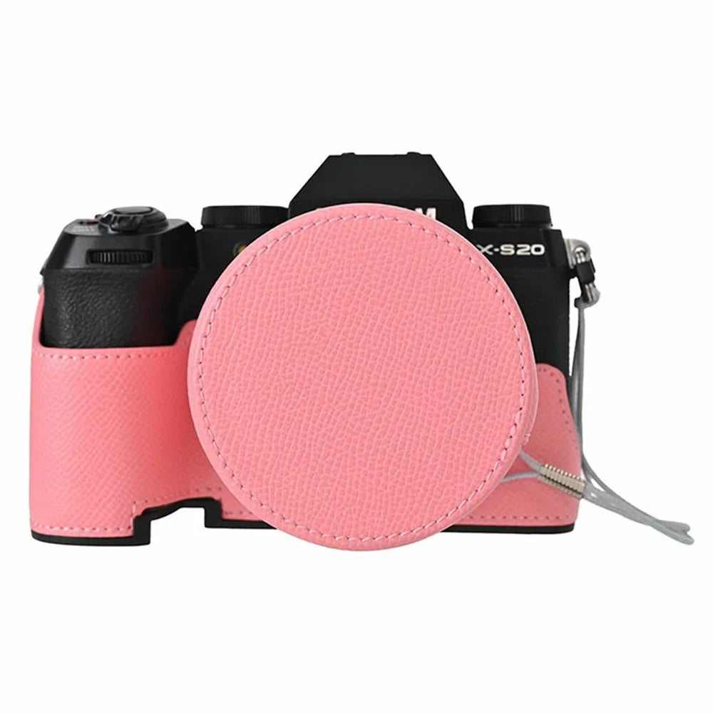 Camera Bottom Case for Fujifilm X-S20 Palm Texture PU Leather Lens Cap Camera Half Body Protective Cover Set and Wrist Strap - Pink - 1