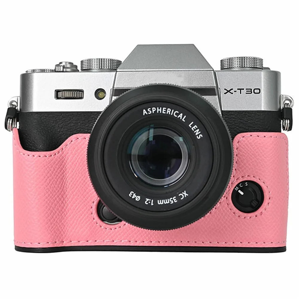 PU Leather Half Bottom Case for Fujifilm X-T30 Palm Texture Grip Camera Base Window Design Protective Cover - Pink - 1