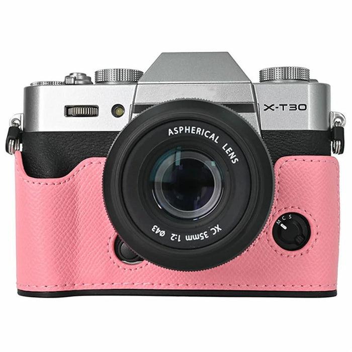 PU Leather Half Bottom Case for Fujifilm X-T30 Palm Texture Grip Camera Base Window Design Protective Cover - Pink - 1