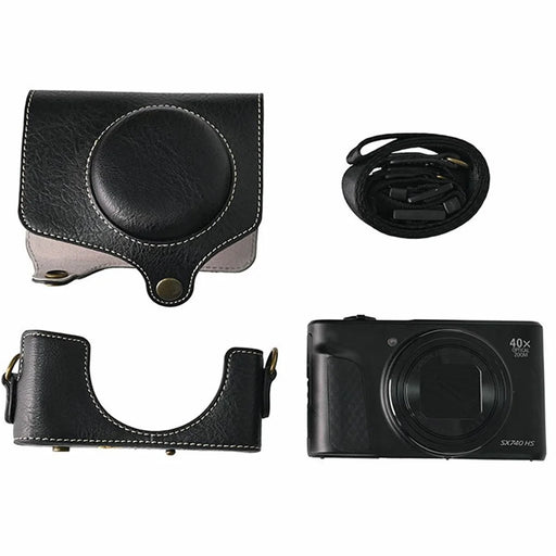 Camera Case for Canon SX740 HS Vintage Litchi Texture PU Leather Full Coverage Protective Cover with Shoulder Strap - Black - 1