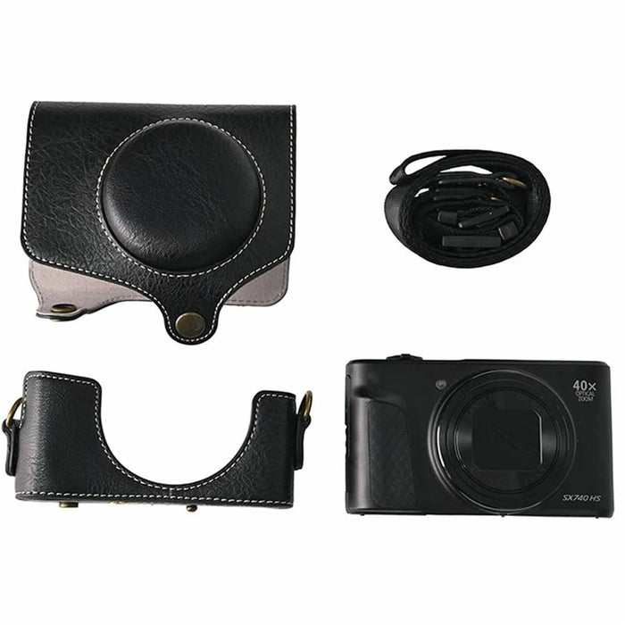 Camera Case for Canon SX740 HS Vintage Litchi Texture PU Leather Full Coverage Protective Cover with Shoulder Strap - Black - 1
