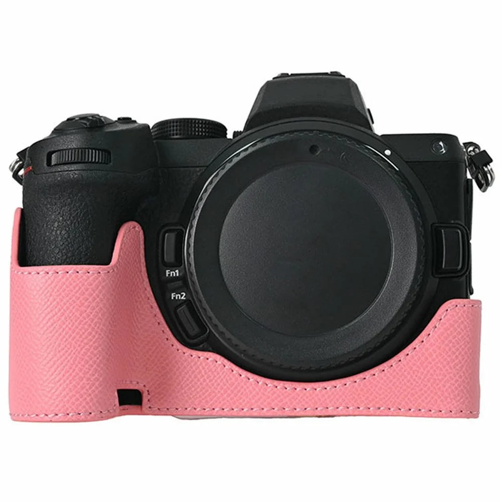 PU Leather Camera Base for Nikon Z 6 II  /  Nikon Z 5 Magnetic Palm Texture Grip Half Case Protective Cover with Flip-Open Battery Access - Pink - 1