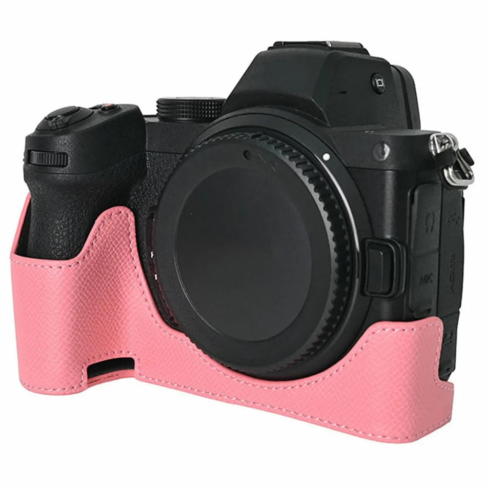 PU Leather Camera Base for Nikon Z 6 II  /  Nikon Z 5 Magnetic Palm Texture Grip Half Case Protective Cover with Flip-Open Battery Access - Pink - 2