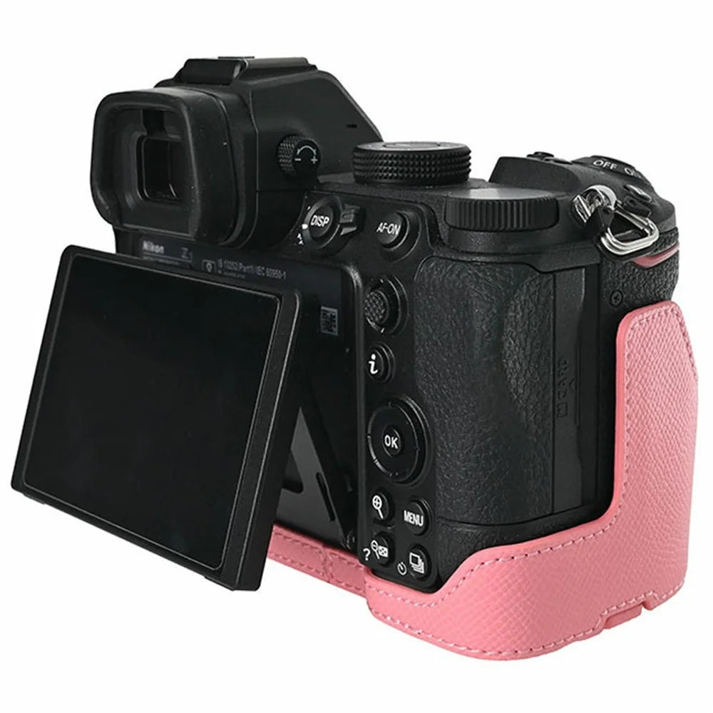 PU Leather Camera Base for Nikon Z 6 II  /  Nikon Z 5 Magnetic Palm Texture Grip Half Case Protective Cover with Flip-Open Battery Access - Pink - 3
