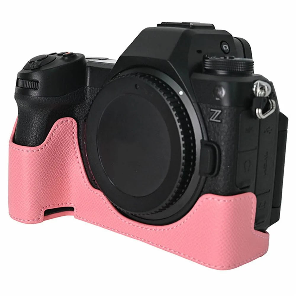 PU Leather Camera Case for Nikon Z 6 III Palm Texture Magnetic Bottom Base Half Cover with Battery Access - Pink - 2
