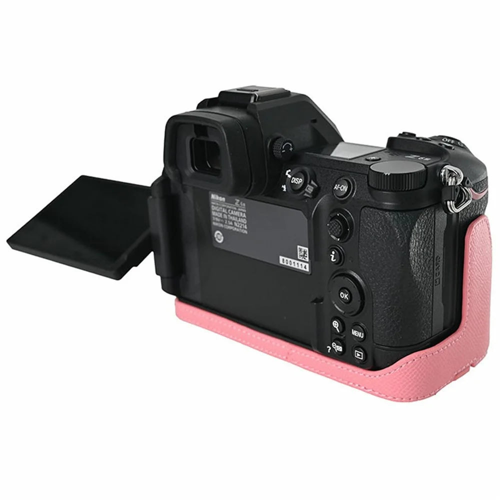 PU Leather Camera Case for Nikon Z 6 III Palm Texture Magnetic Bottom Base Half Cover with Battery Access - Pink - 4