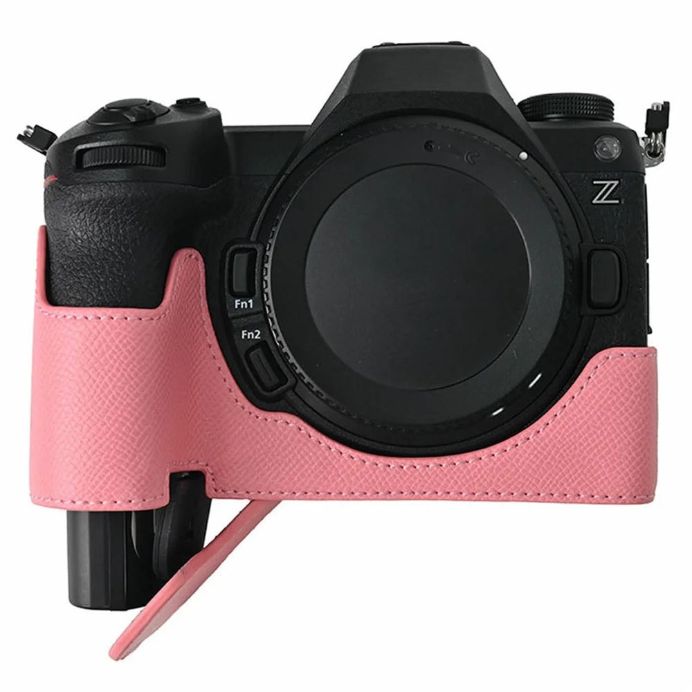 PU Leather Camera Case for Nikon Z 6 III Palm Texture Magnetic Bottom Base Half Cover with Battery Access - Pink - 6