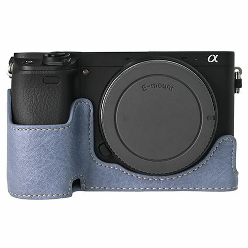 For Sony A6400 Camera Bottom Case PU Leather Lychee Texture Pattern Magnetic Base Half Cover Protective Shell with Battery Access - Navy Blue - 1
