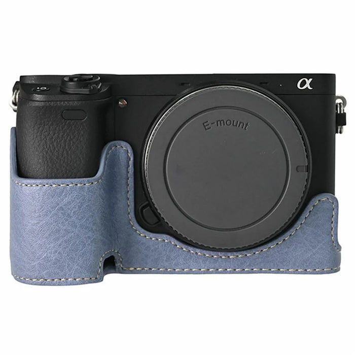 For Sony A6400 Camera Bottom Case PU Leather Lychee Texture Pattern Magnetic Base Half Cover Protective Shell with Battery Access - Navy Blue - 1