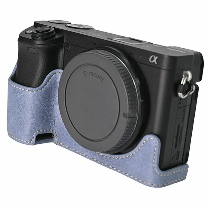 For Sony A6400 Camera Bottom Case PU Leather Lychee Texture Pattern Magnetic Base Half Cover Protective Shell with Battery Access - Navy Blue - 2