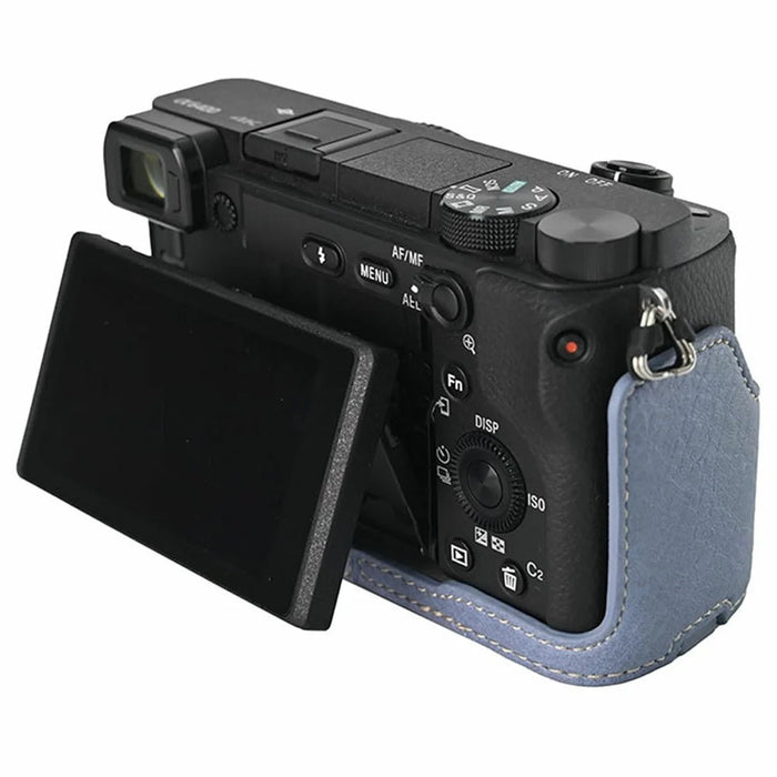 For Sony A6400 Camera Bottom Case PU Leather Lychee Texture Pattern Magnetic Base Half Cover Protective Shell with Battery Access - Navy Blue - 4