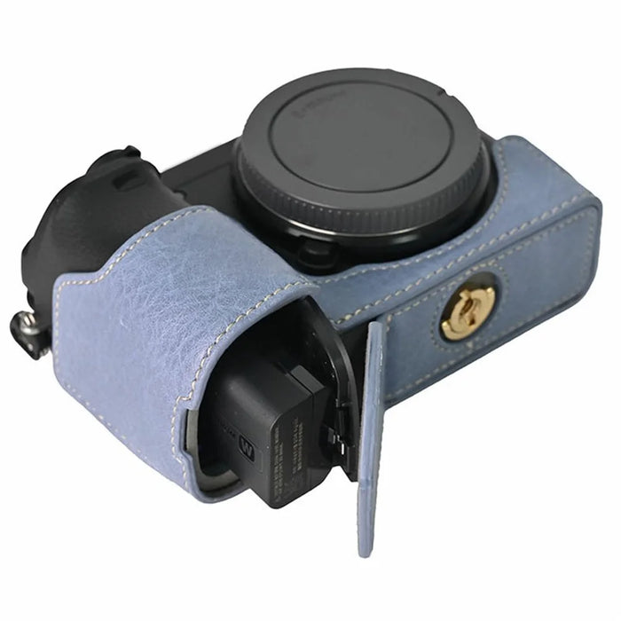 For Sony A6400 Camera Bottom Case PU Leather Lychee Texture Pattern Magnetic Base Half Cover Protective Shell with Battery Access - Navy Blue - 7