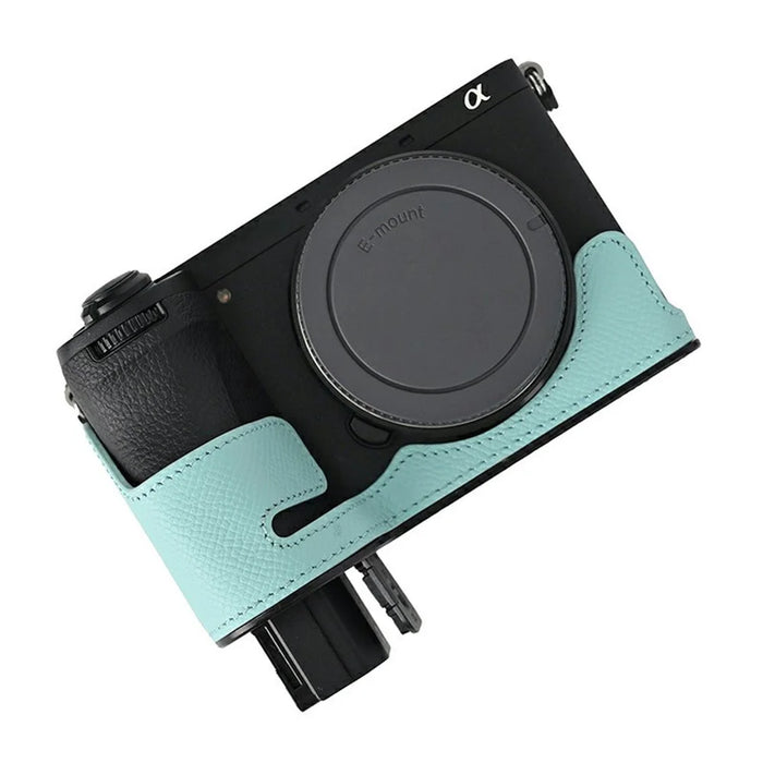 Camera Half Case for Sony A6700 Palm Texture Leather Ergonomic Grip Design Camera Base Protective Cover - Blue - 4