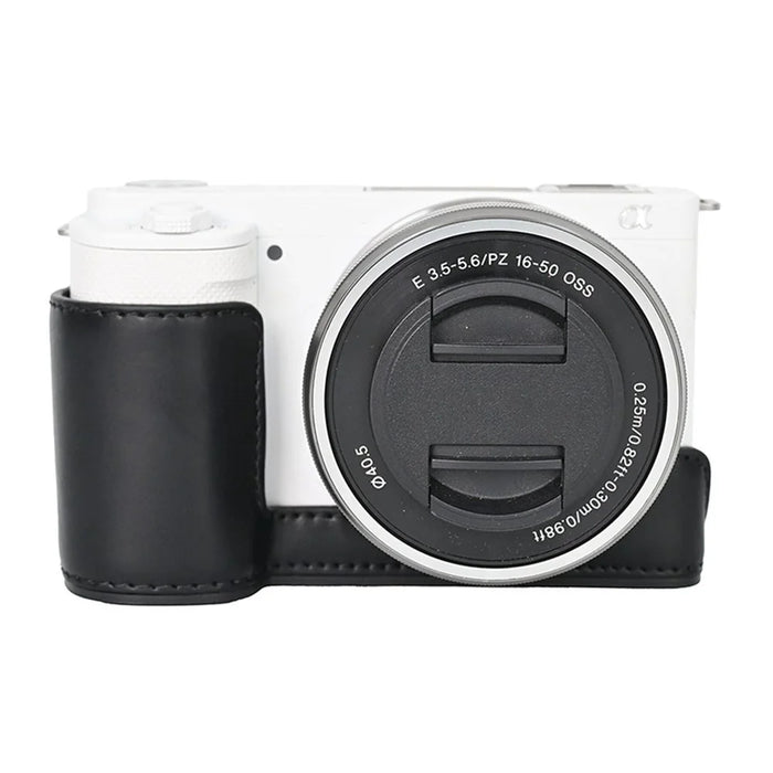 For Sony ZV-E10 Camera Case Vintage PU Leather Full Body Protective Cover with Lens Cap - Black - 2