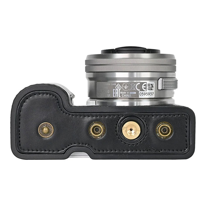 For Sony ZV-E10 Camera Case Vintage PU Leather Full Body Protective Cover with Lens Cap - Black - 4