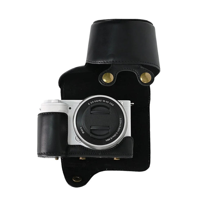 For Sony ZV-E10 Camera Case Vintage PU Leather Full Body Protective Cover with Lens Cap - Black - 5