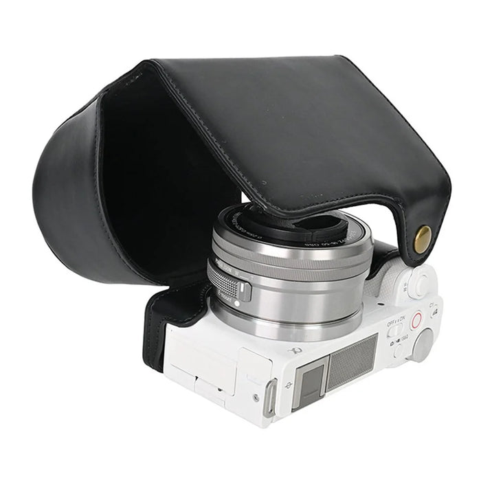 For Sony ZV-E10 Camera Case Vintage PU Leather Full Body Protective Cover with Lens Cap - Black - 6