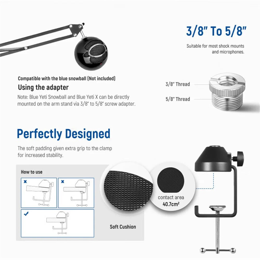 NEEWER NW-35 Desktop Clip-on Microphone Stand Adjustable Condenser Mic Holder Steel Folding Bracket - 2