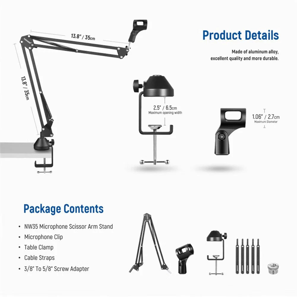 NEEWER NW-35 Desktop Clip-on Microphone Stand Adjustable Condenser Mic Holder Steel Folding Bracket - 3
