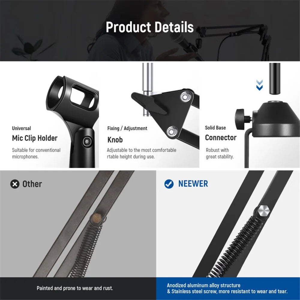 NEEWER NW-35 Desktop Clip-on Microphone Stand Adjustable Condenser Mic Holder Steel Folding Bracket - 4