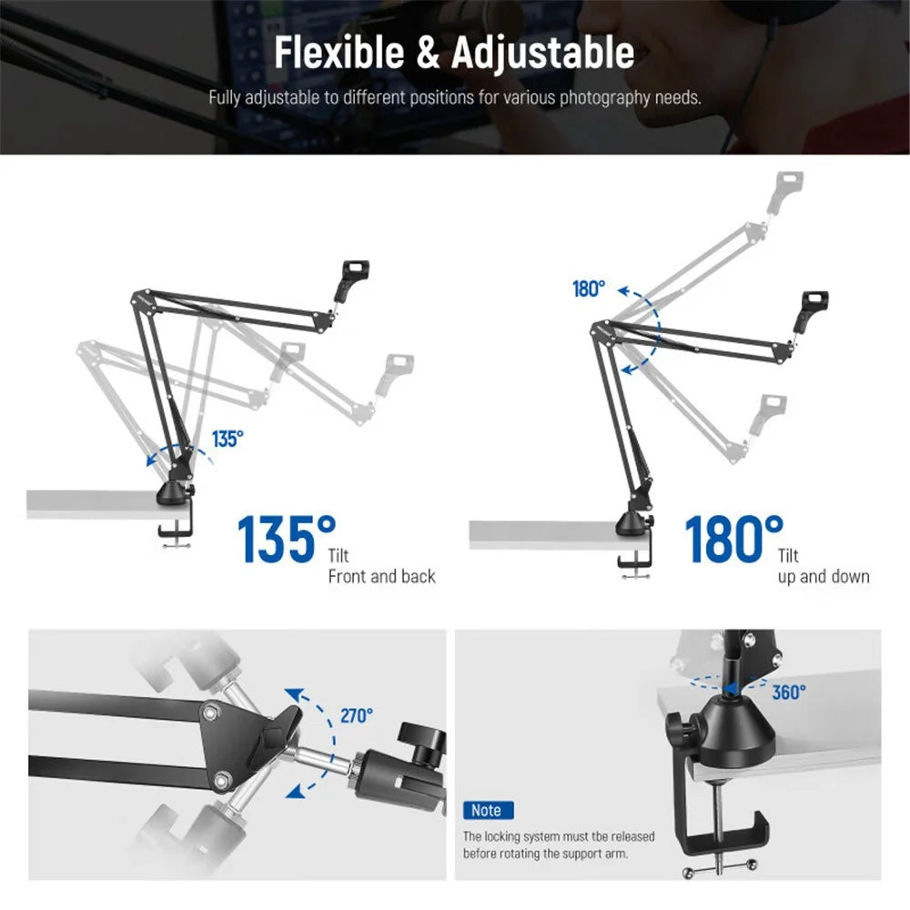 NEEWER NW-35 Desktop Clip-on Microphone Stand Adjustable Condenser Mic Holder Steel Folding Bracket - 5