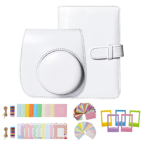 For FujiFilm Instax Mini 12 / 11 / 9 / 8 Camera Accessories 7-in-1 Bundle Kit Include Case, Film Stickers, Desk Frames, Hanging Frame - White - 1