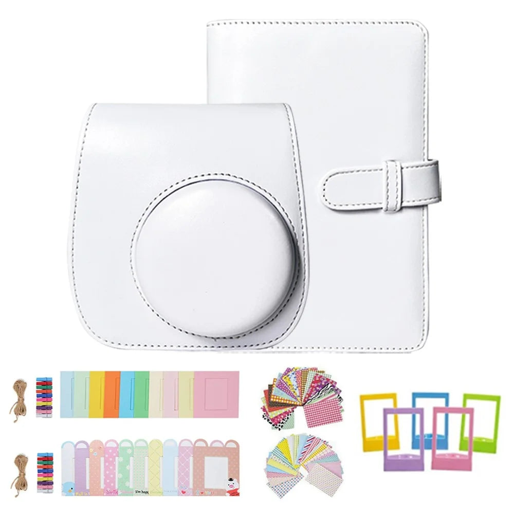 For FujiFilm Instax Mini 12 / 11 / 9 / 8 Camera Accessories 7-in-1 Bundle Kit Include Case, Film Stickers, Desk Frames, Hanging Frame - White - 1