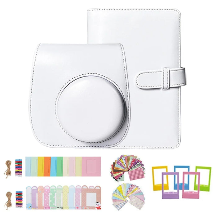 For FujiFilm Instax Mini 12 / 11 / 9 / 8 Camera Accessories 7-in-1 Bundle Kit Include Case, Film Stickers, Desk Frames, Hanging Frame - White - 1