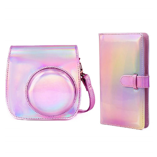 For Fujifilm Instax Mini 12 / 11 / 9 / 8 PU Leather Camera Case Cover Shoulder Bag with 3-inch Album - Aurora Pink - 1