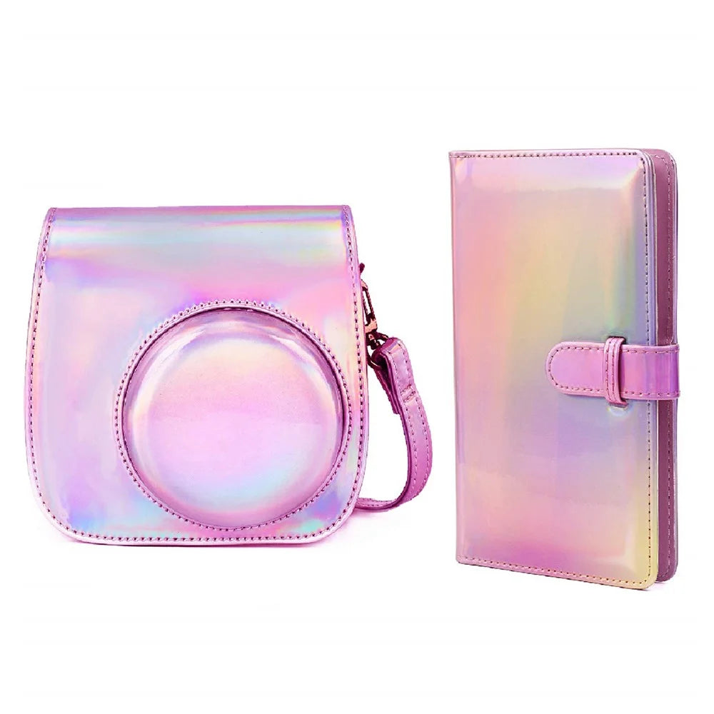 For Fujifilm Instax Mini 12 / 11 / 9 / 8 PU Leather Camera Case Cover Shoulder Bag with 3-inch Album - Aurora Pink - 1