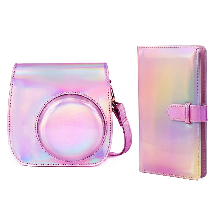 For Fujifilm Instax Mini 12 / 11 / 9 / 8 PU Leather Camera Case Cover Shoulder Bag with 3-inch Album - Aurora Pink - 1