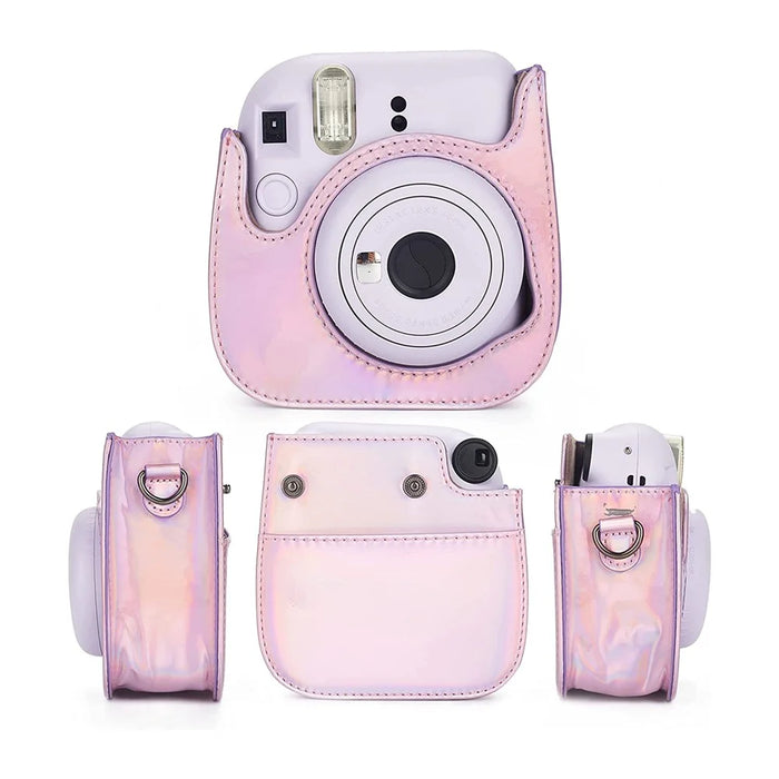 For Fujifilm Instax Mini 12 / 11 / 9 / 8 PU Leather Camera Case Cover Shoulder Bag with 3-inch Album - Aurora Pink - 3