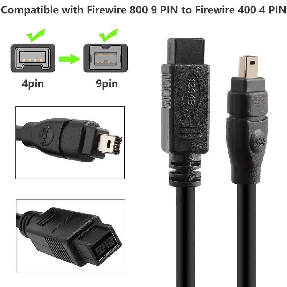 JUNSUNMAY 1.8m IEEE 1394 FireWire 800 9Pin to 400 4Pin Data Cable Adapter for MacBook Camera - 2