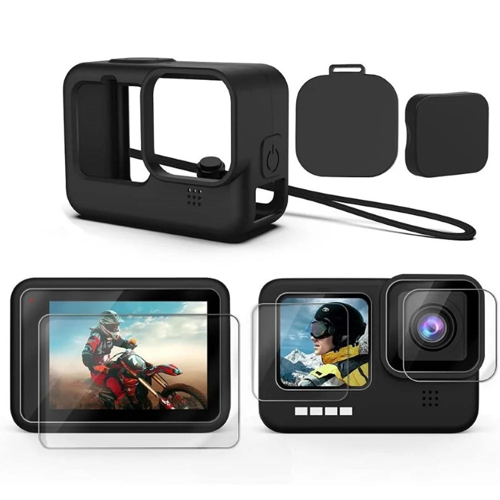For GoPro Hero 9 / 10 / 11 / 12 Camera Soft Silicone Case Protector Body Sleeve Cover + Tempered Glass Screen Film + Lens Cap - 1