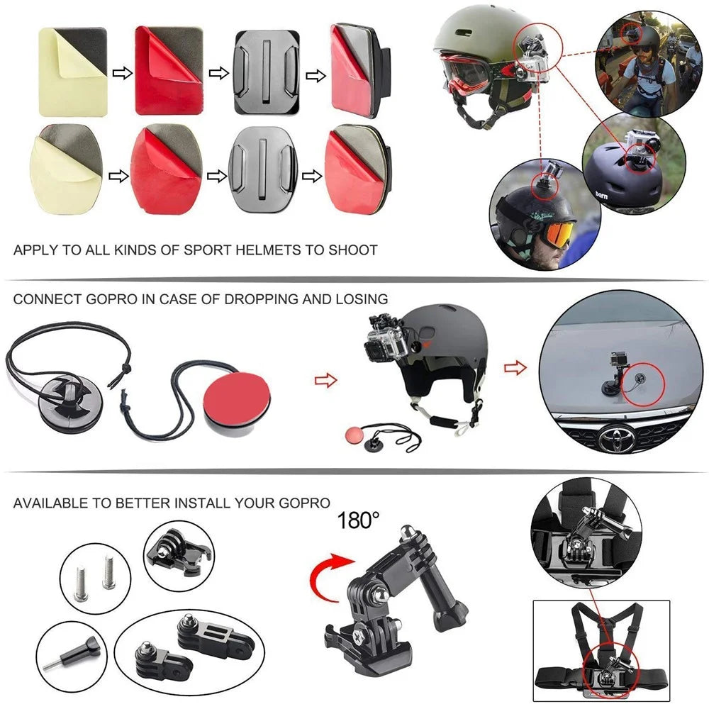 49-in-1 Universal Accessories Kit for GoPro Action Camera Parts with Camera Bag, Selfie Stick, Straps - 2