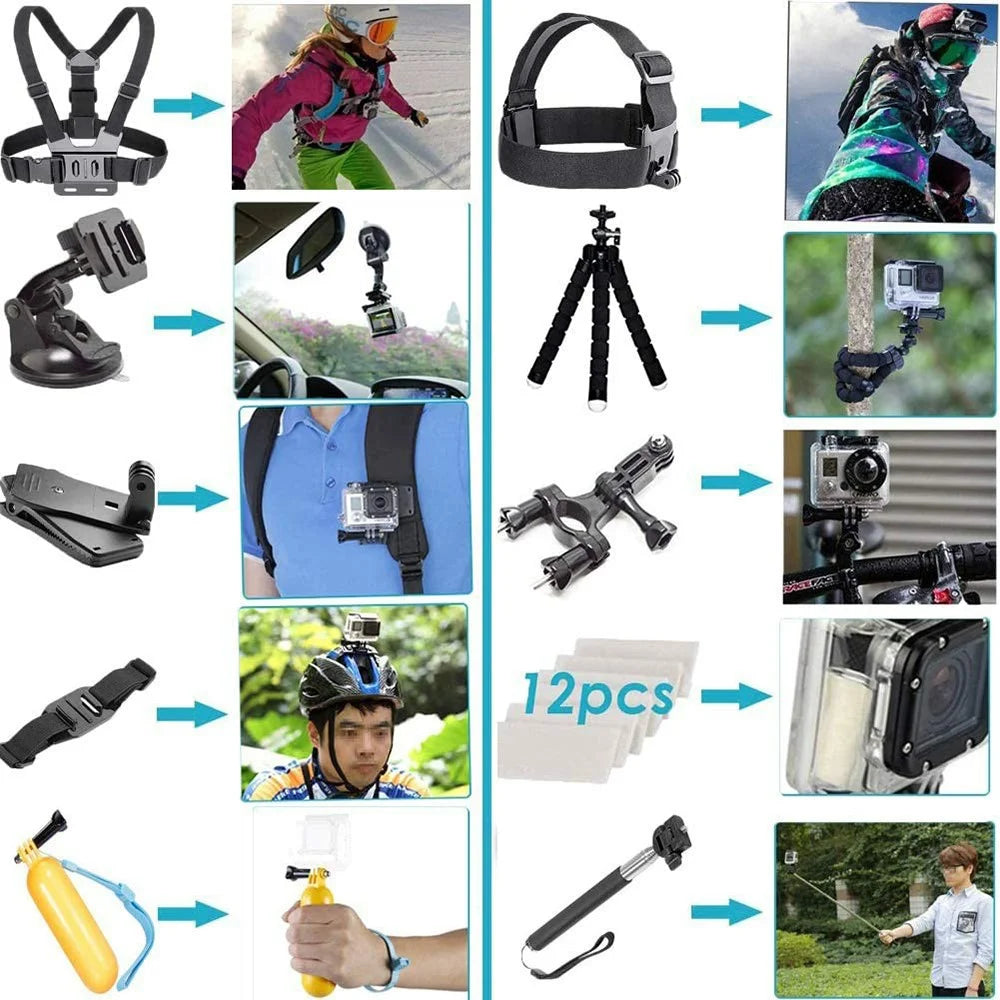 49-in-1 Universal Accessories Kit for GoPro Action Camera Parts with Camera Bag, Selfie Stick, Straps - 3