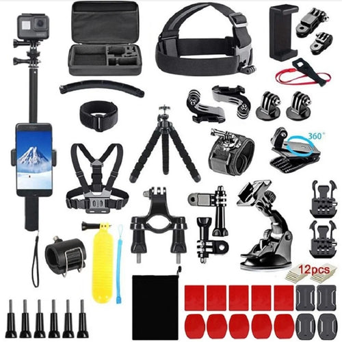 61-in-1 Universal Accessories Kit for GoPro Hero, DJI Osmo Action Camera Parts with Camera Bag, Tripod, Straps - Black - 1