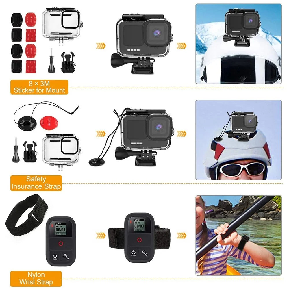61-in-1 Universal Accessories Kit for GoPro Hero, DJI Osmo Action Camera Parts with Camera Bag, Tripod, Straps - Black - 3