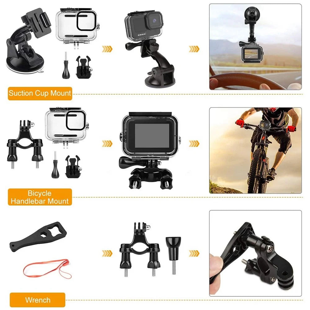 61-in-1 Universal Accessories Kit for GoPro Hero, DJI Osmo Action Camera Parts with Camera Bag, Tripod, Straps - Black - 4