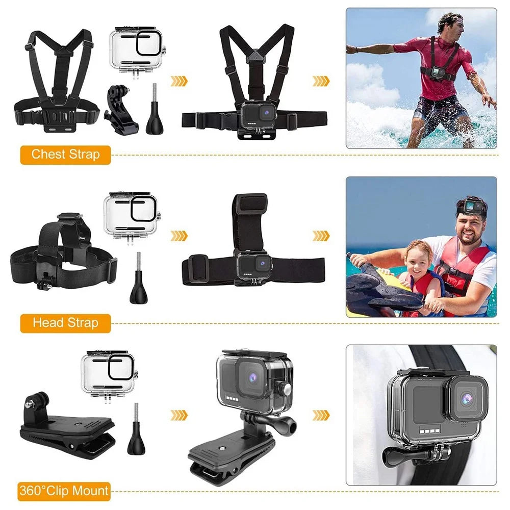 61-in-1 Universal Accessories Kit for GoPro Hero, DJI Osmo Action Camera Parts with Camera Bag, Tripod, Straps - Black - 5
